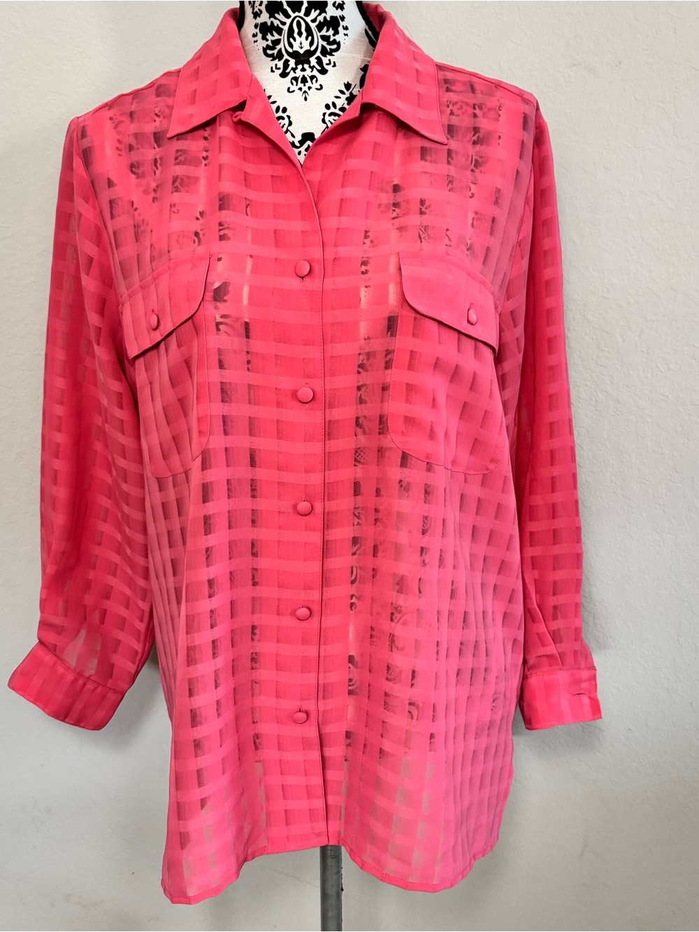 Liz Baker checkered button front shirt size 12 pink semi sheer